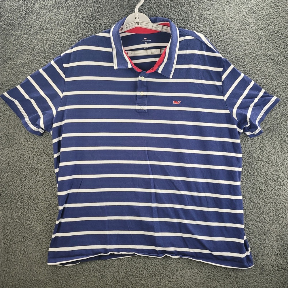 Vineyard Vines Polo Shirt Blue White Striped Mens 2XL Short Sleeve Cotton Blend